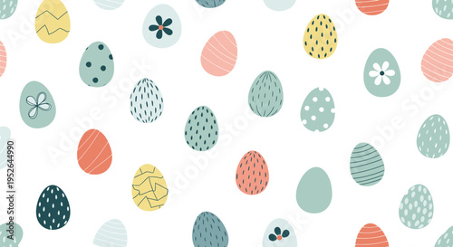 A charming vector graphic design featuring a delightful seamless pattern of pastel Easter eggs.