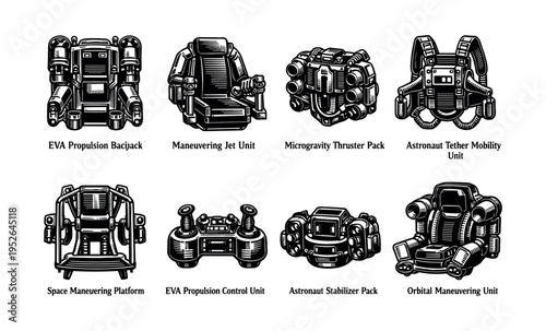 Set of eight space equipment designs including jet packs and thruster units in black and white vector style