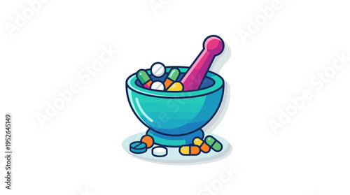 Flat design mortar and pestle with colorful pills and capsules