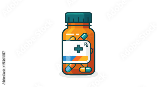 Flat design illustration of amber medicine bottle with pills