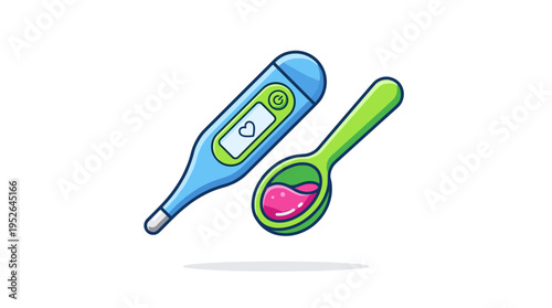 Flat design medical icons of thermometer and medicine spoon
