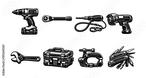 Black and white vector illustration of hand tools set for construction and repair