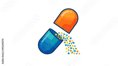 Open capsule spilling colorful medicine granules in flat design