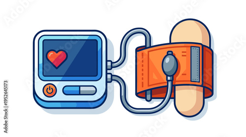 Flat design blood pressure monitor with cuff and heart icon