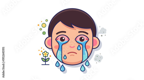 Child with watery eyes from allergy symptom illustration