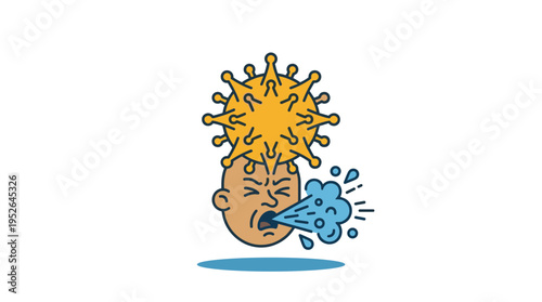 Man sneezing with virus particle above head icon