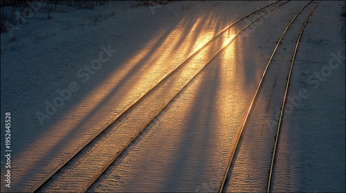 Railroad tracks illuminated by sunlight creating shadows across the landscape