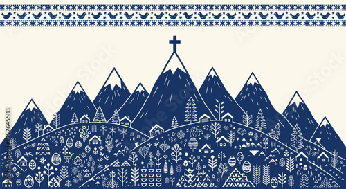 Whimsical folk art depicting a snowy mountain landscape with a cross on the summit decorated with easter eggs and festive patterns evoking a sense of spiritual celebration