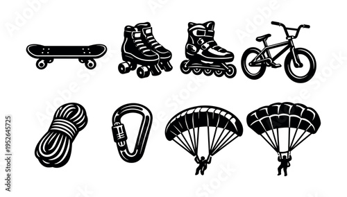 Vector set of sports equipment silhouettes including skateboard bicycle and parachute