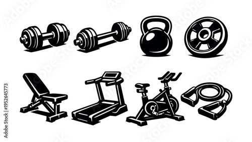 Black and white gym equipment vector set with dumbbells and exercise machines