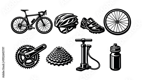 Black and white bicycle gear set silhouette including bike helmet and accessories