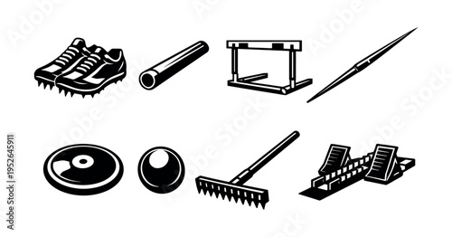 Illustration set of track and field equipment silhouettes including shoes discus javelin