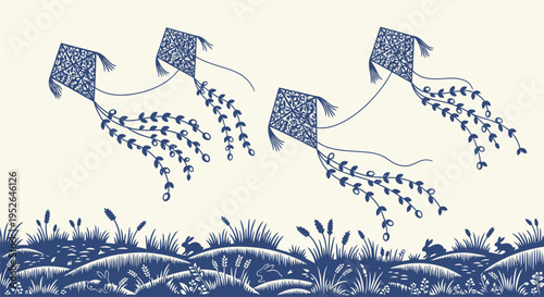 Whimsical blue and white illustration of four patterned kites with long leafy streamers soaring across a pale cream sky above a stylized rolling landscape with silhouetted grasses