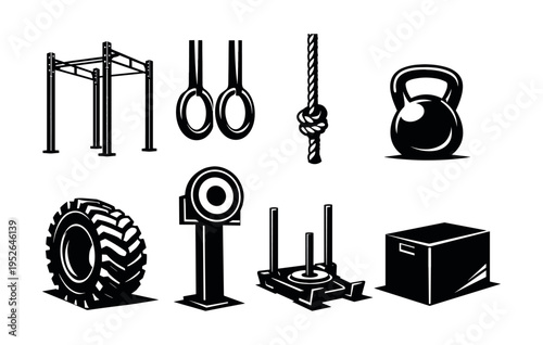 Vector set of fitness equipment silhouettes including kettlebell and gym rings