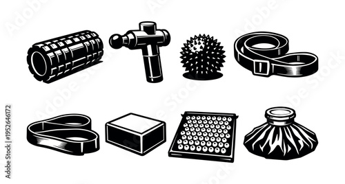 Black and white vector illustration of fitness and therapy tools set