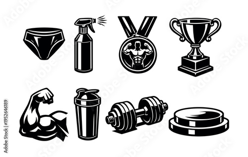 Fitness and bodybuilding vector icon set with medals dumbbells and trophy