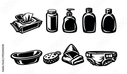 Baby care product set illustration, including bottles, diaper, and bath items, black and white style