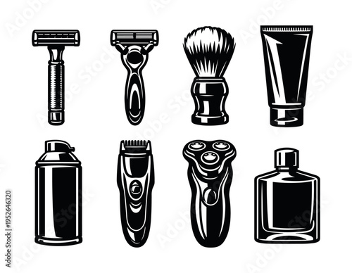 Black and white vector illustration of shaving and grooming tools set including razors and cream