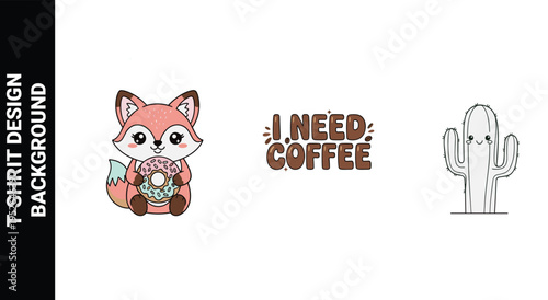 Cute fox holding donut, need coffee text and happy cactus illustration