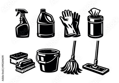 Black and white cleaning tools set including mop gloves and spray bottle