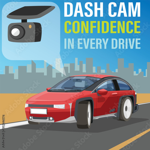 Square design present product of Dash Cam recording on red car. Concept is to ensure confident driving by recording images along the entire route on the road. Background of big city under a blue sky.