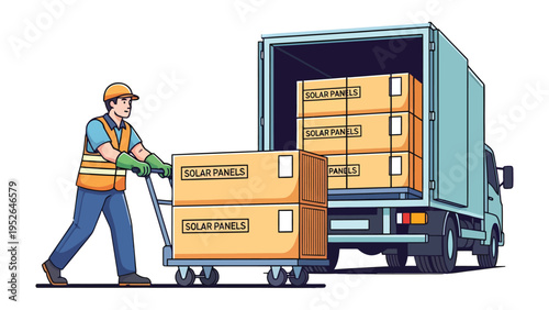 Solar Panel Delivery: A worker is diligently loading boxes of solar panels onto a truck. Reflecting the practical side of renewable energy.
