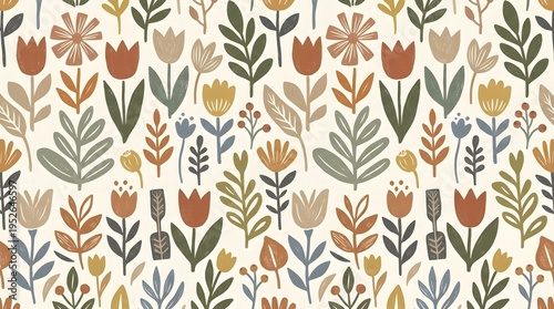 Seamless pattern of abstract botanical shapes and flowers in earthy tones, Nordic design style