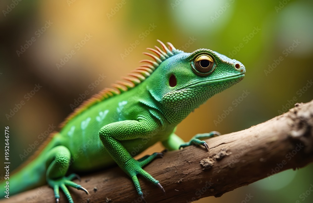 Fototapeta premium Vibrant green lizard with spiky crest sits on a weathered wood branch. Reptile has textured scales and bright eyes observing its jungle habitat. Detailed macro view of wild animal life.