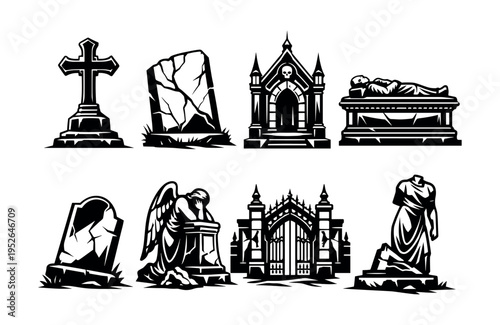Gothic cemetery silhouette set with gravestones and monuments in black and white vector style