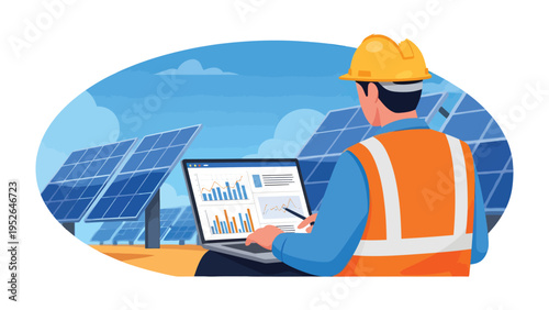 Solar Panel Inspection: An engineer meticulously inspects the performance of a solar panel array using a laptop, symbolizing the fusion of technology and sustainability.