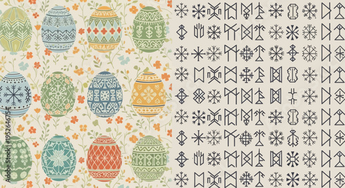 Vibrant collection of decorative easter eggs adorned with intricate patterns and motifs arranged on a soft floral patterned background juxtaposed with a grid of ancient runes