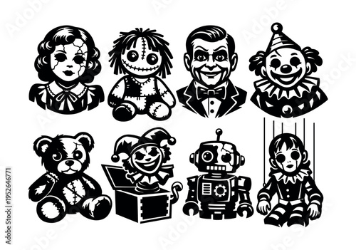 Black and white vector set of creepy toys and puppets clipart illustrations