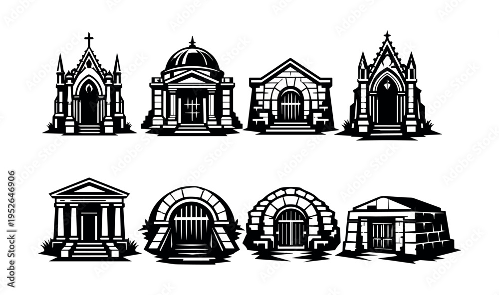 Fototapeta premium Set of eight black and white vector gothic mausoleum and tomb silhouettes
