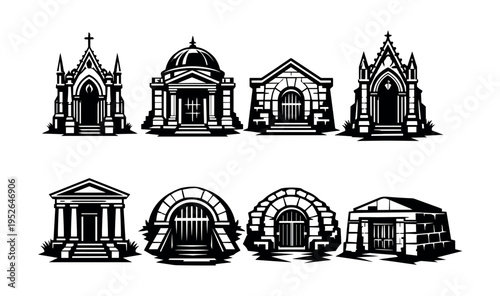 Set of eight black and white vector gothic mausoleum and tomb silhouettes