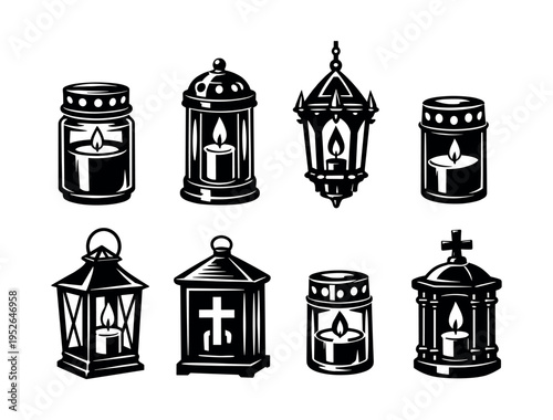 Collection of ornate lantern candle holders with lit candles in black and white silhouette style