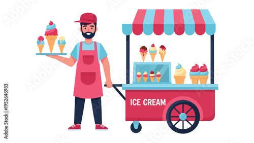 Sweet Summer Treats: A cheerful vendor stands by his vibrant ice cream cart, showcasing a delectable assortment of frozen confections, inviting the viewer to indulge in a delightful moment.