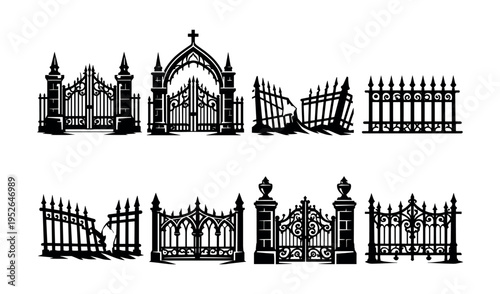 Set of gothic iron gate silhouettes, black and white vector illustrations of decorative fences