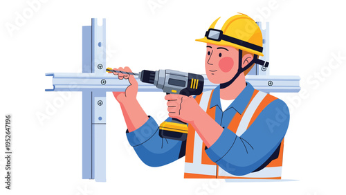 Construction Worker at Work: A diligent construction worker, meticulously secures the metal structure with his power drill. Focused and skillful.