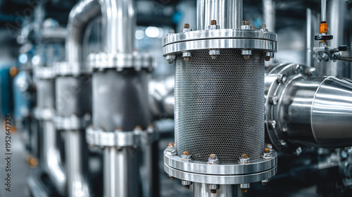Industrial filtration system with stainless steel filter housing and pipelines, representing clean processing, chemical industry, and precision engineering.