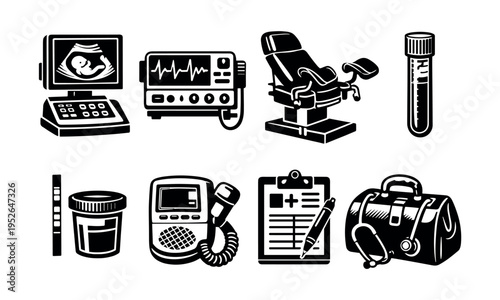 Medical equipment vector set with ultrasound machine test tube and doctor's bag illustration