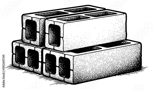 Vintage hand drawn engraving of a stack of hollow concrete building blocks for construction