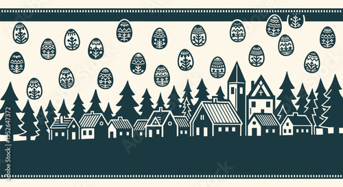 Festive easter village silhouette with decorative eggs falling from the sky celebrating spring holidays and traditions creating a whimsical and charming atmosphere for seasonal