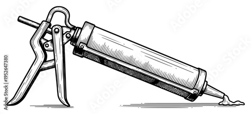 Professional caulking gun with sealant applicator tool in vintage woodcut engraving style