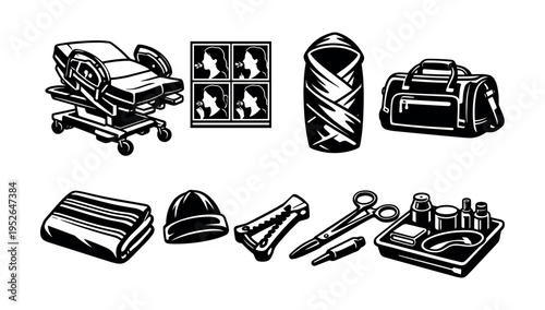 Black and white medical equipment icons set including bed and surgical tools