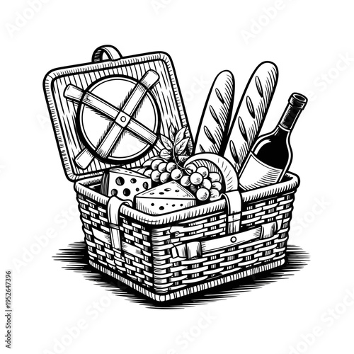 A picnic basket illustration with wine and food for outdoor dining