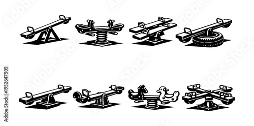 Black and white vector illustrations of playground seesaws and rides set