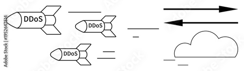 Cybersecurity, DDoS attacks, data breaches, online threats, network security, digital protection. Three missiles labeled DDoS heading toward a cloud. Cybersecurity and DDoS attack concept