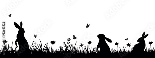 Easter bunny silhouette border with rabbits in grass, wildflowers and butterflies in spring meadow, decorative horizontal nature background for greeting cards, holiday design and seasonal banners