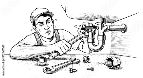 Vintage engraving of a sweating plumber working with a wrench fixing a sink pipe in the kitchen