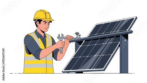 Solar Panel Technician at Work: An skilled technician, wearing a hard hat, meticulously works on solar panels, symbolizing the advancement of renewable energy and sustainability.
